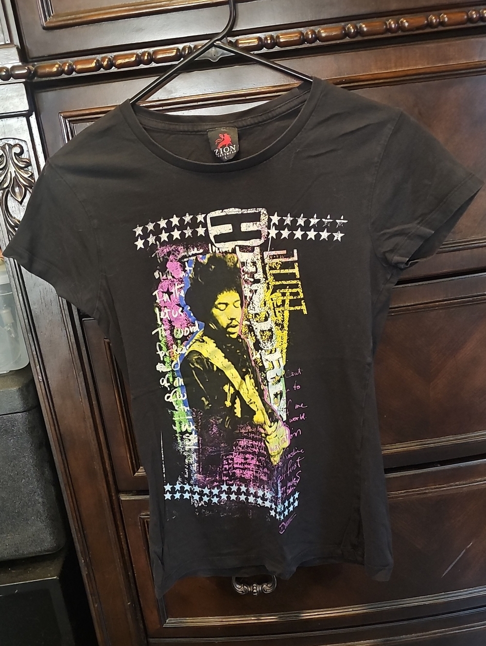 Zion Rootswear Black Jimi Hendrix Graphic Tee with Neon Accents
